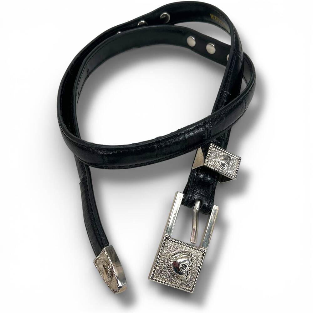 Black Leather Belt With Silver Floral Hearts Motif Buckle Western Goth Preppy